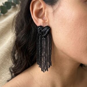 dark love black heart tassel earrings with glass beads & seed beads | handmade statement fringe earrings for women | bold evening & party wear jewellery