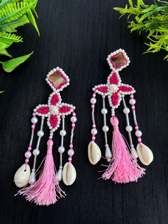 pink floral embroidered earrings with mirror work, beads & cowry shells | lightweight festive statement earrings for women pink floral embroidered earrings with mirror work, beads & cowry shells | lightweight festive statement earrings for women
