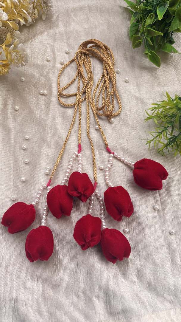 handmade red tulip paranda with golden lace, pearls & velvet fabric | 8 tulip hair accessory | bridal & festive parandi for women handmade red tulip paranda with golden lace, pearls & velvet fabric | 8 tulip hair accessory | bridal & festive parandi for women