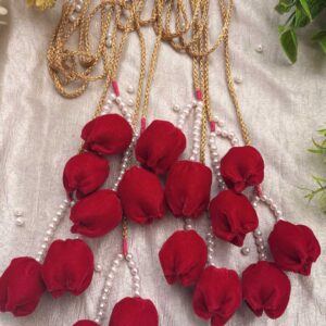 handmade red tulip paranda with golden lace, pearls & velvet fabric | 8 tulip hair accessory | bridal & festive parandi for women