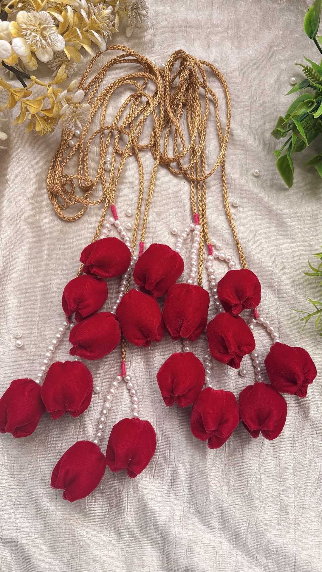 handmade red tulip paranda with golden lace, pearls & velvet fabric | 8 tulip hair accessory | bridal & festive parandi for women handmade red tulip paranda with golden lace, pearls & velvet fabric | 8 tulip hair accessory | bridal & festive parandi for women