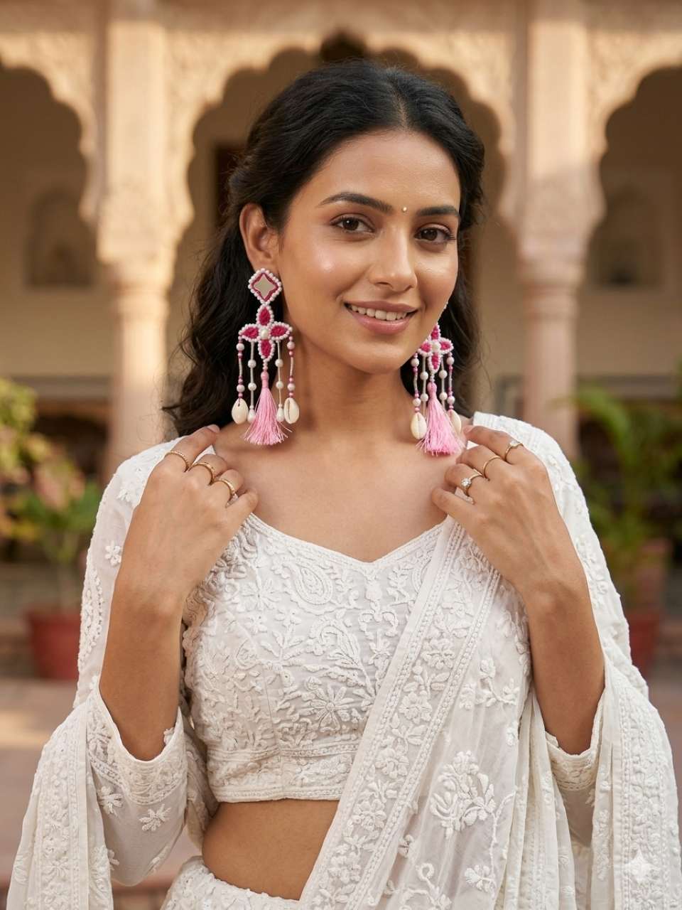 pink floral embroidered earrings with mirror work, beads & cowry shells | lightweight festive statement earrings for women pink floral embroidered earrings with mirror work, beads & cowry shells | lightweight festive statement earrings for women