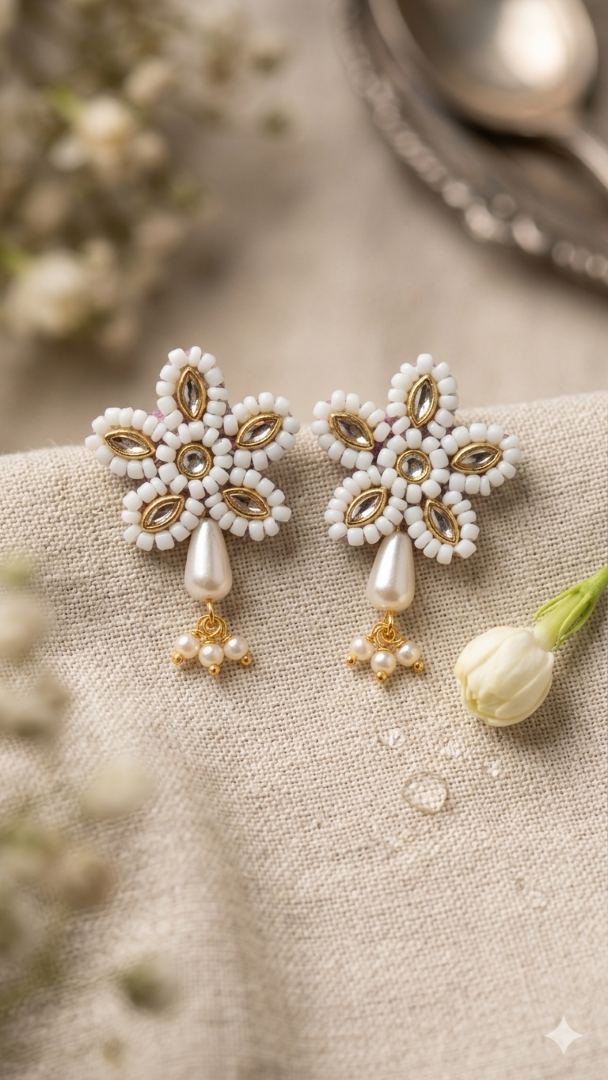kundan floral earrings with seed beads & pearl drops | handmade elegant daily & occasion wear earrings for women kundan floral earrings with seed beads & pearl drops | handmade elegant daily & occasion wear earrings for women