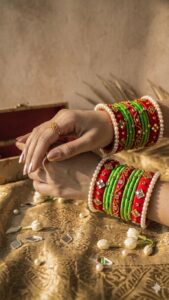 Home leheri thread bangles set with kundan & pearl work | handmade red green bridal & festive bangles for women & girls