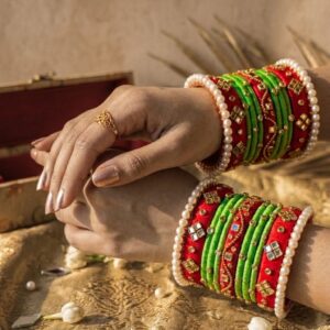 leheri thread bangles set with kundan & pearl work | handmade red green bridal & festive bangles for women & girls