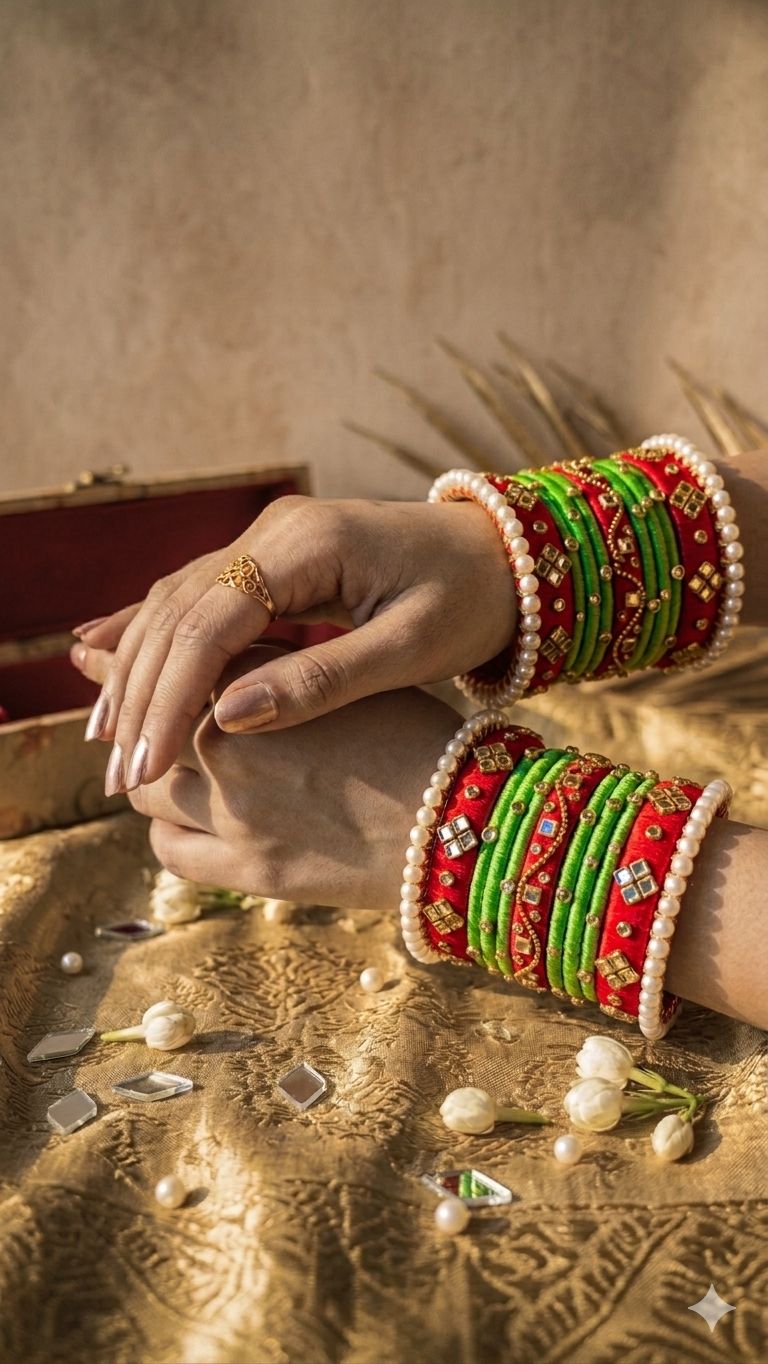 leheri thread bangles set with kundan & pearl work | handmade red green bridal & festive bangles for women & girls