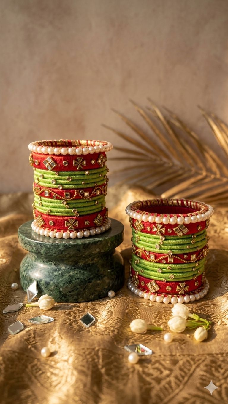 leheri thread bangles set with kundan & pearl work | handmade red green bridal & festive bangles for women & girls leheri thread bangles set with kundan & pearl work