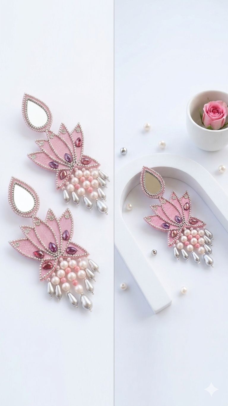 pink lotus fabric earrings with mirror work & beaded drops | handmade floral statement earrings for festive & occasion wear pink lotus fabric earrings with mirror work & beaded drops | handmade floral statement earrings for festive & occasion wear