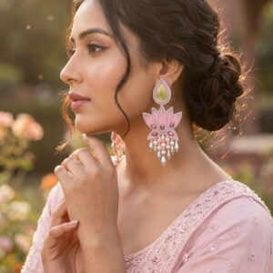 pink lotus fabric earrings with mirror work & beaded drops | handmade floral statement earrings for festive & occasion wear