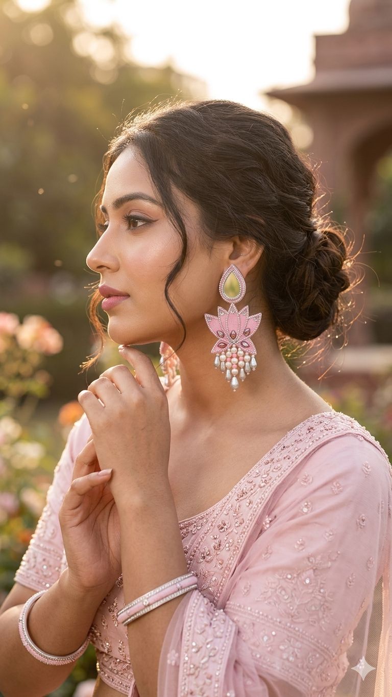 pink lotus fabric earrings with mirror work & beaded drops | handmade floral statement earrings for festive & occasion wear pink lotus fabric earrings with mirror work & beaded drops | handmade floral statement earrings for festive & occasion wear