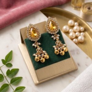 noor golden drop earrings with kundan & pearl hangings | statement stone earrings for festive, wedding & party wear for women