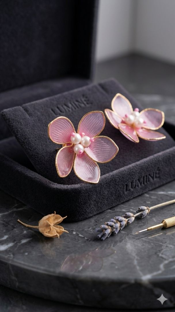 pink acrylic floral earrings with pearl detailing | lightweight handmade petal earrings for women | festive & occasion wear jewellery pink acrylic floral earrings with pearl detailing | lightweight handmade petal earrings for women | festive & occasion wear jewellery
