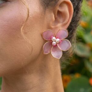 pink acrylic floral earrings with pearl detailing | lightweight handmade petal earrings for women | festive & occasion wear jewellery