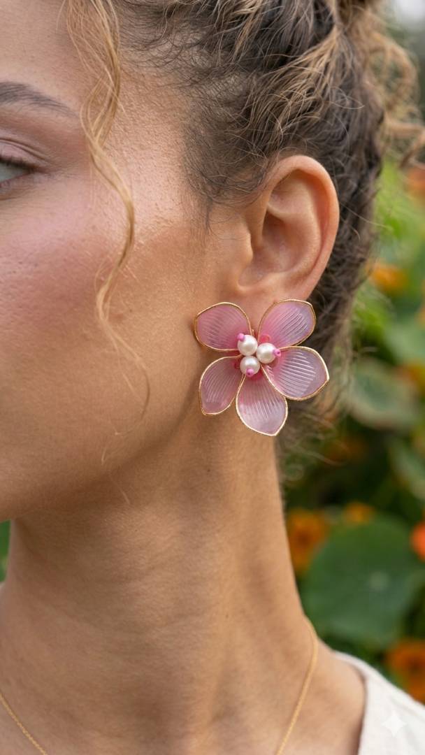 pink acrylic floral earrings with pearl detailing | lightweight handmade petal earrings for women | festive & occasion wear jewellery