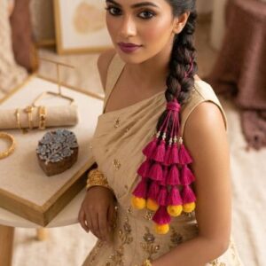 pink tassel paranda with cotton thread tassels, pom poms & pearl detailing | handmade bridal hair accessory for haldi & festive wear