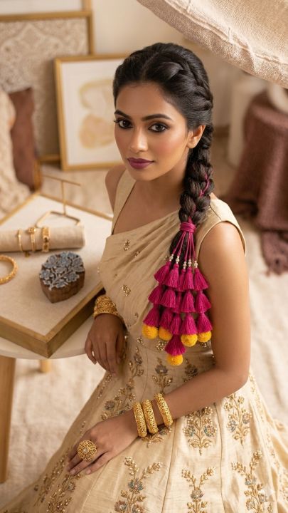 pink tassel paranda with cotton thread tassels, pom poms & pearl detailing | handmade bridal hair accessory for haldi & festive wear pink tassel paranda with cotton thread tassels, pom poms & pearl detailing | handmade bridal hair accessory for haldi & festive wear