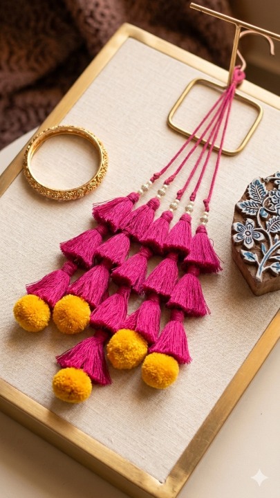 pink tassel paranda with cotton thread tassels, pom poms & pearl detailing | handmade bridal hair accessory for haldi & festive wear pink tassel paranda with cotton thread tassels, pom poms & pearl detailing | handmade bridal hair accessory for haldi & festive wear