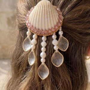 shells & petals hair clip with pearl drops & ball chain detailing | handmade elegant hair accessory for girls | daily & occasion wear
