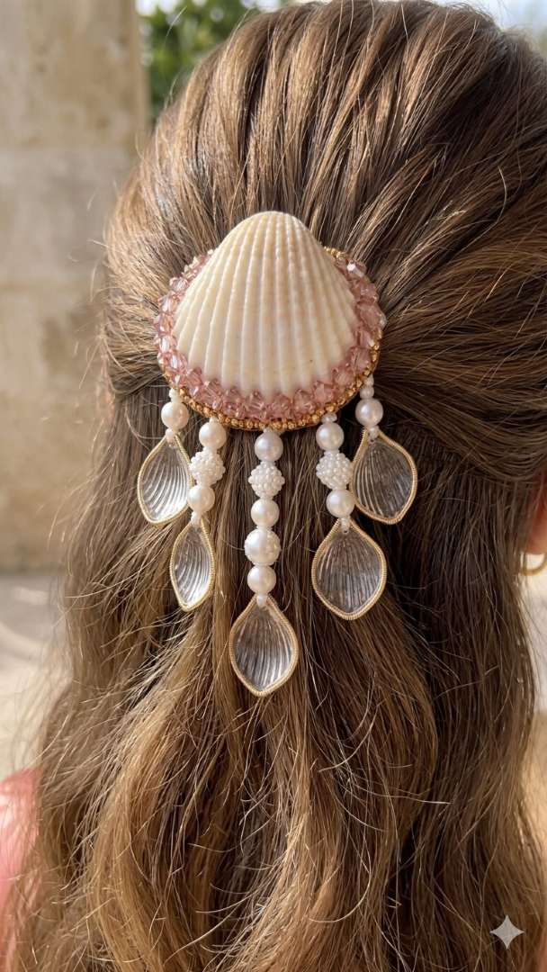 shells & petals hair clip with pearl drops & ball chain detailing | handmade elegant hair accessory for girls | daily & occasion wear shells & petals hair clip with pearl drops & ball chain detailing | handmade elegant hair accessory for girls | daily & occasion wear