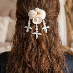 handmade shells hair clip with pearl drops & ball chain detailing | elegant everyday hair accessory for girls & women