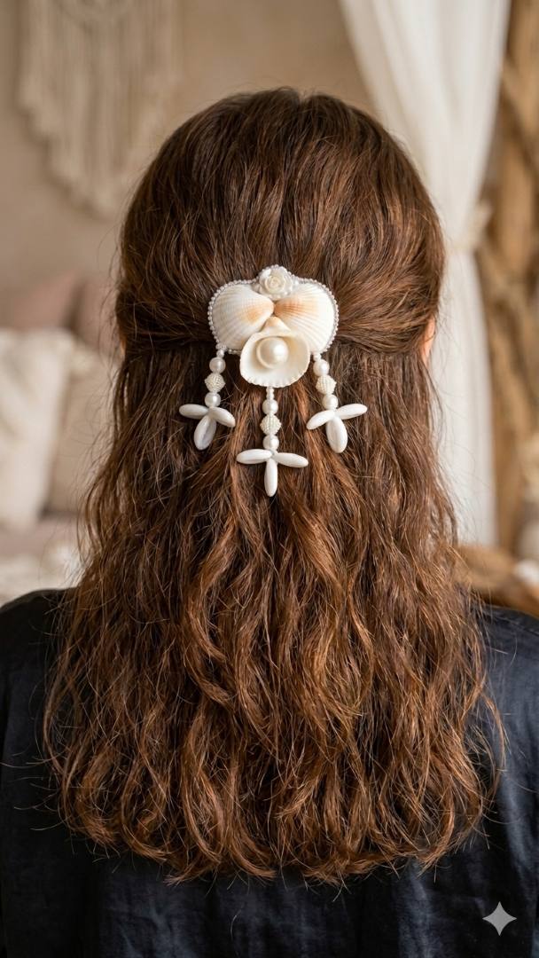 handmade shells hair clip with pearl drops & ball chain detailing | elegant everyday hair accessory for girls & women