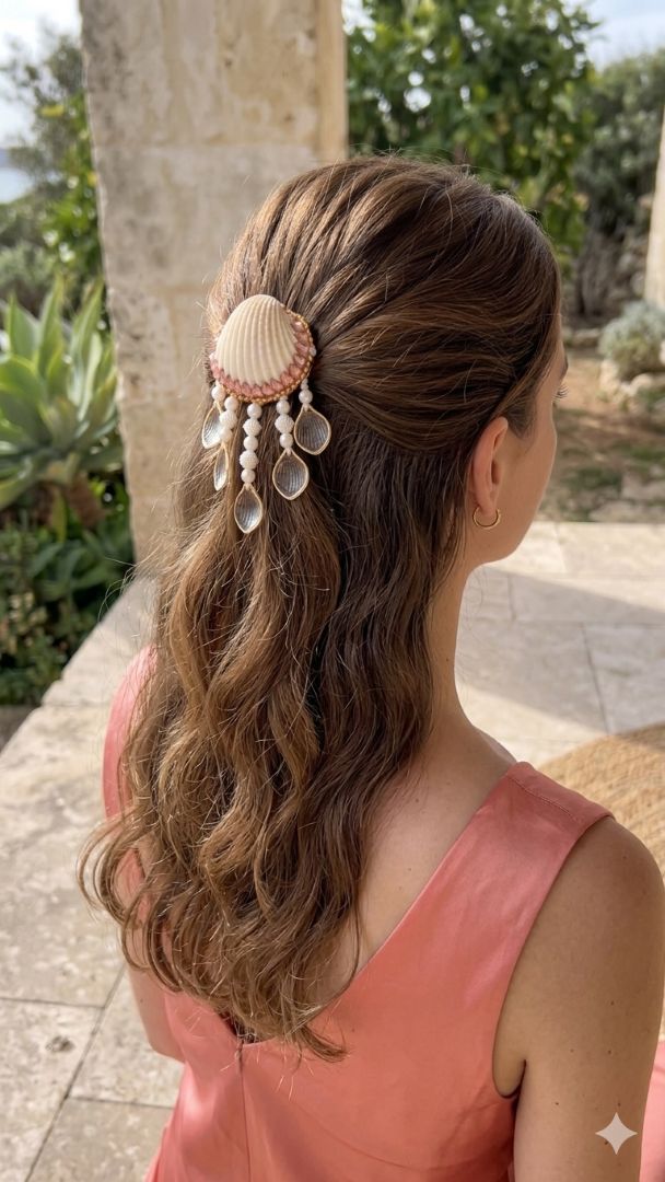 shells & petals hair clip with pearl drops & ball chain detailing | handmade elegant hair accessory for girls | daily & occasion wear shells & petals hair clip with pearl drops & ball chain detailing | handmade elegant hair accessory for girls | daily & occasion wear