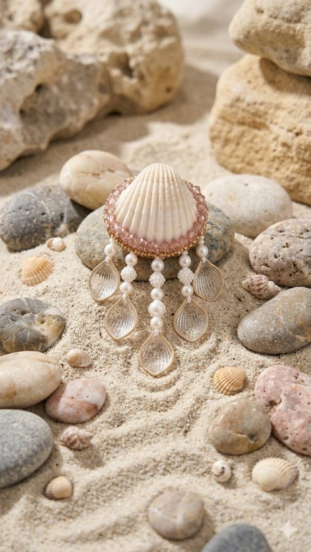 shells & petals hair clip with pearl drops & ball chain detailing | handmade elegant hair accessory for girls | daily & occasion wear shells & petals hair clip with pearl drops & ball chain detailing | handmade elegant hair accessory for girls | daily & occasion wear